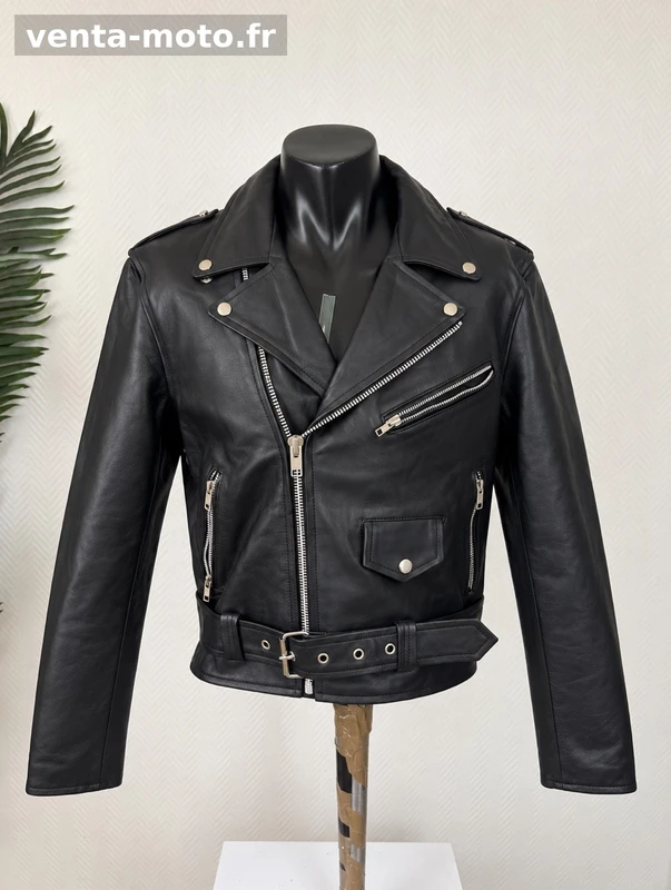 Veste en cuir véritable noire – Style biker / moto