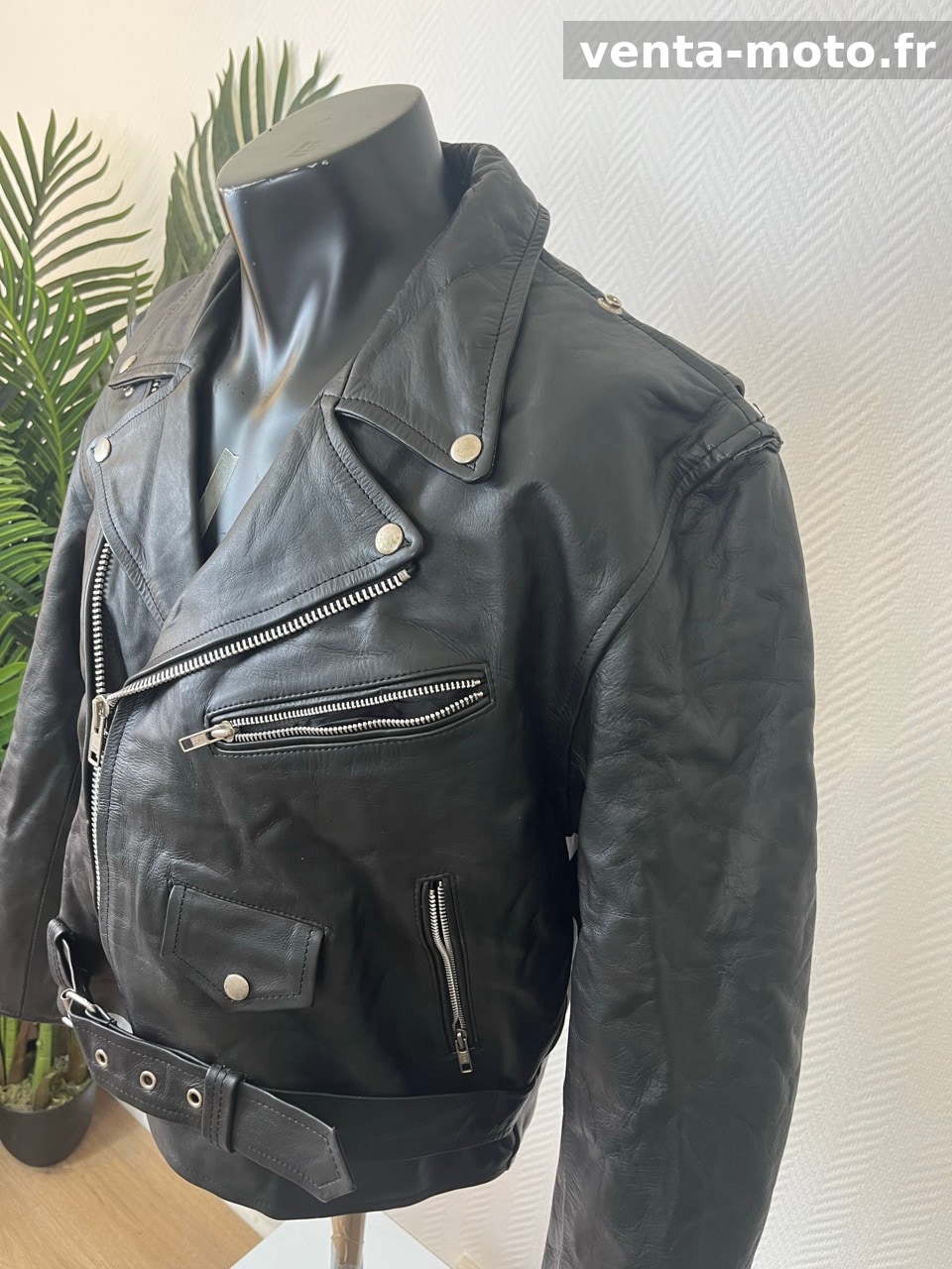 Veste en cuir véritable noire – Style biker / moto