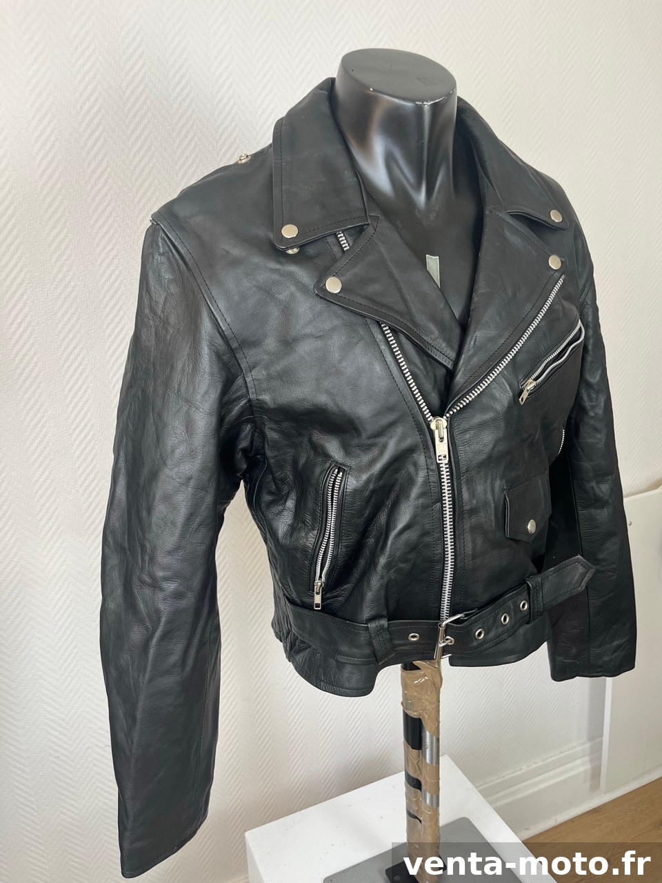 Veste en cuir véritable noire – Style biker / moto